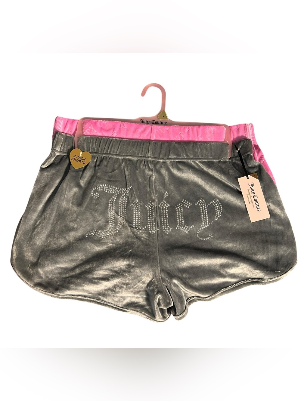NWT Juicy Couture Rhinestone Bling Velour Pajama Shorts 2-Pack Gray/Pink L